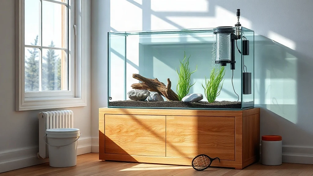 Freshwater aquarium setup for beginners 2026 with a glass tank, plants, and equipment in a bright room